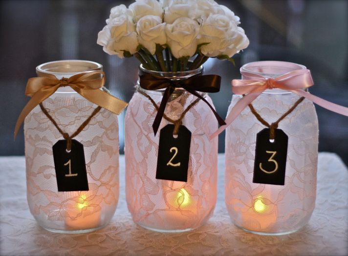 things brides love Mason Jar wedding reception decor centerpieces lace with chalkboard tags