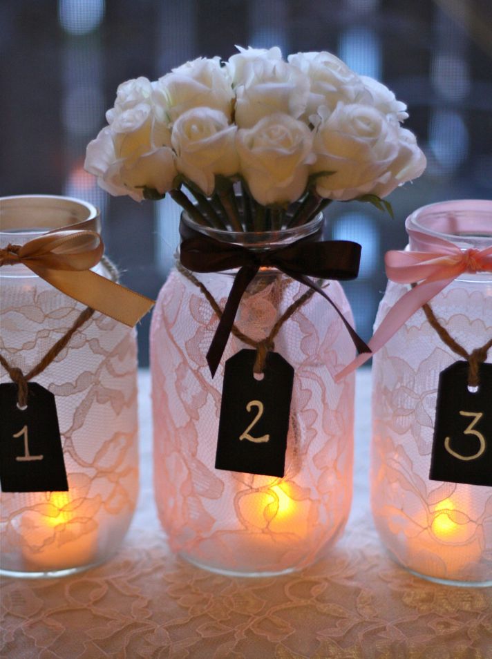things brides love Mason Jar wedding reception decor centerpieces lace with chalkboard tags
