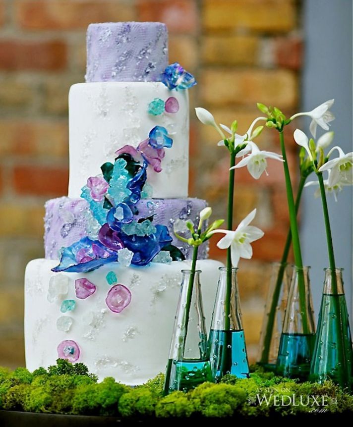 Unique Wedding Cake with Aqua Lilac Navy Sugar Details