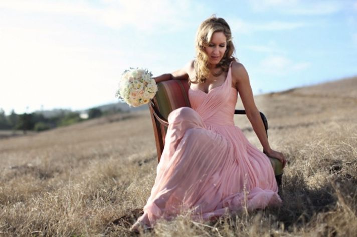 Bride Wears Pink One Shoulder Wedding Dress