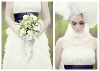 Romantic bride wears lace wedding dress with black sash