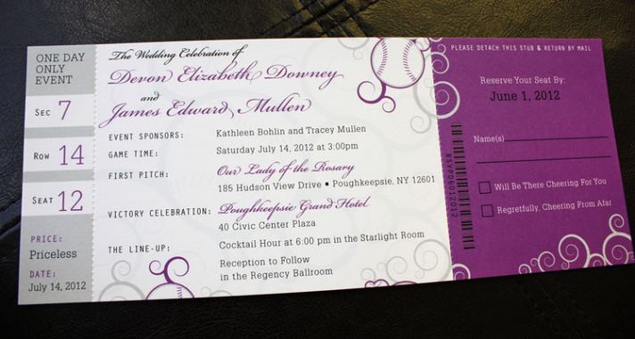 Purple Gray Swirl Baseball Ticket Wedding Invitations1