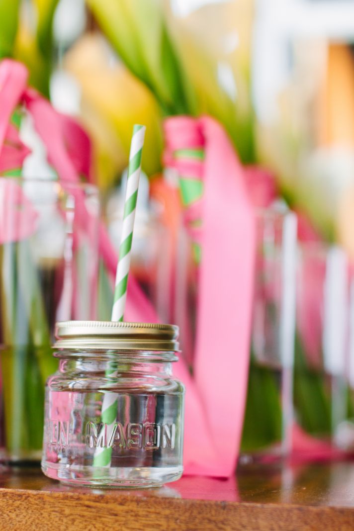 Mason Jars striped straws and hot pink bouquet ribbons