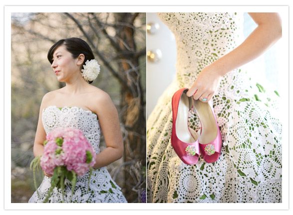 cream over green crochet wedding dress