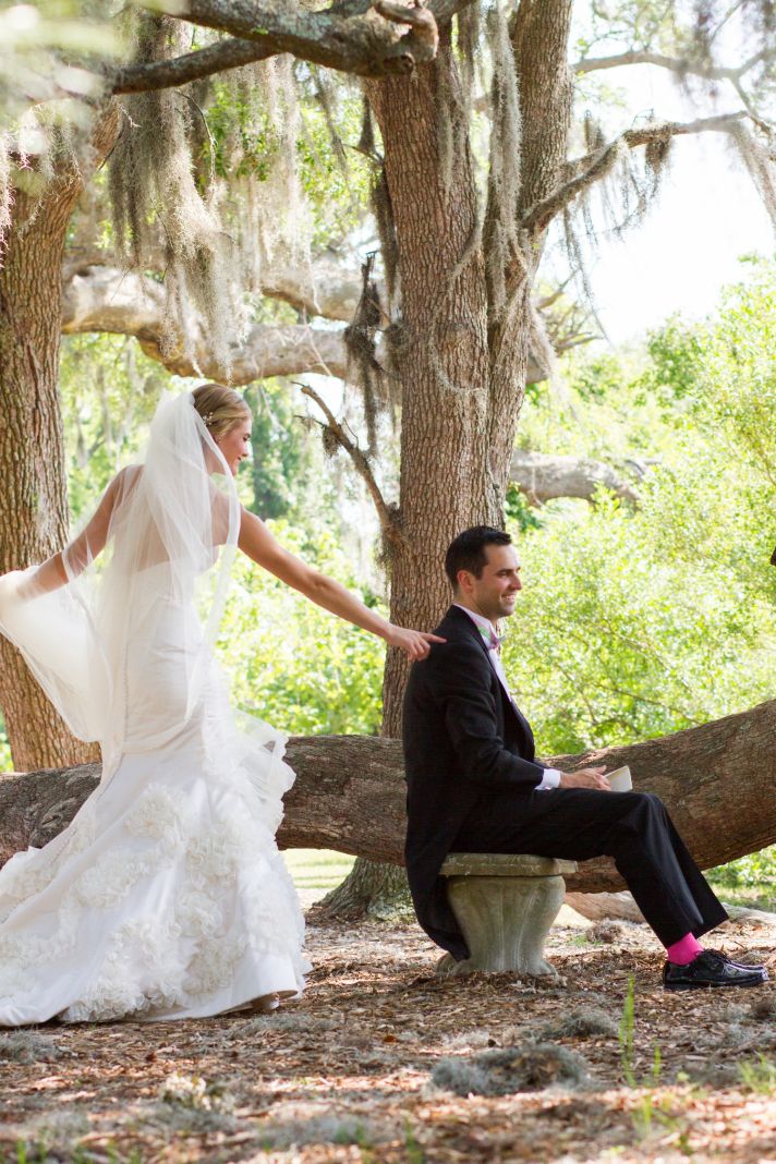 First Look wedding approach bride taps groom on shoulder