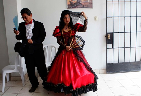 bride and groom in costume mass wedding Lima Peru