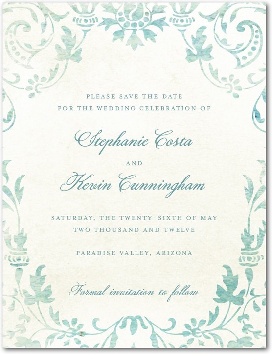 photo of Signature white textured save the date cards, Washed Damask