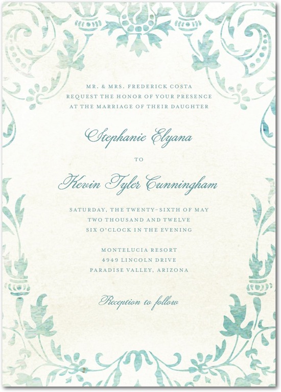 photo of Signature white textured wedding invitations, Washed Damask