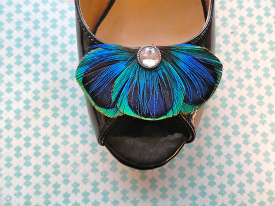 Peacock Feather Shoe Clips for Brides Something Blue