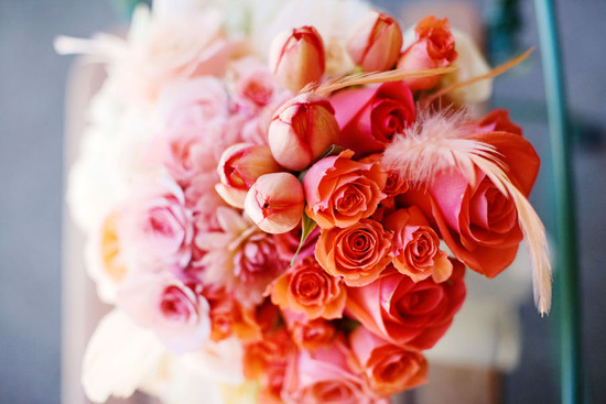 Coral Peach Ombre Bridal Bouquet with Feathers