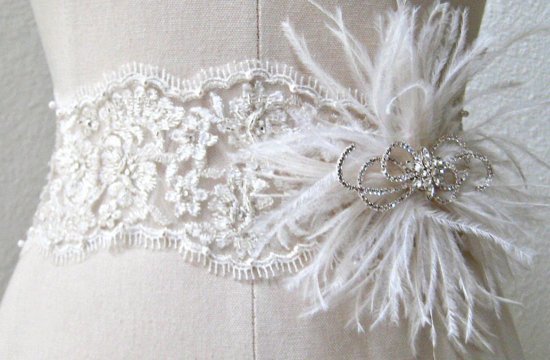 Feather and Lace Bridal Sash