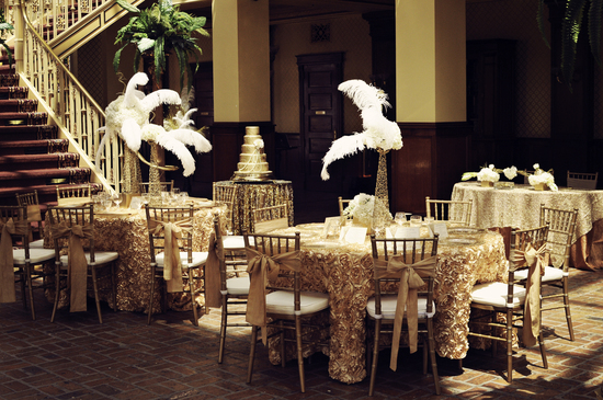Vintage Gold Wedding Reception with Feather Centerpieces
