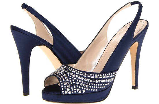 ELegant midnight blue satin wedding shoes with crystals
