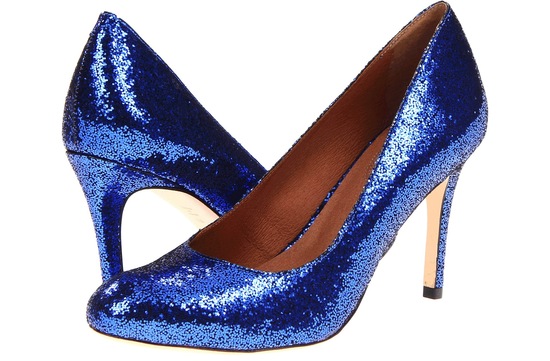 Glittery blue wedding shoes with gold heels
