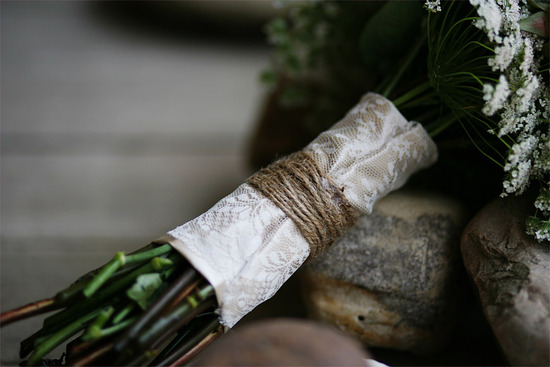 Rustic lace and twine wrapped wedding bouquet