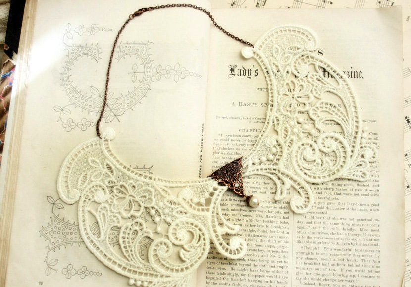 Vintage lace wedding necklace with copper brooch