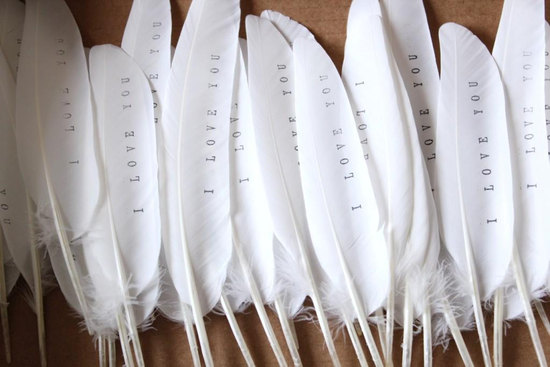Romantic white wedding favors I Love You feathers