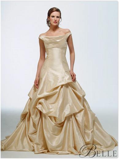 Disney's Belle taffeta draped wedding dress in light gold