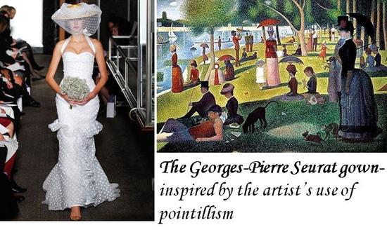 Beautiful white wedding dress, inspired by Seurat, featured a polka-dot theme