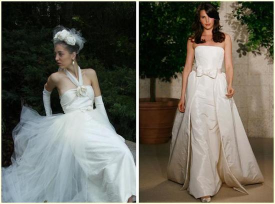 White wedding dress with tulle skirt and flower detail; Ivory strapless wedding dress with bow detai