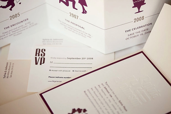 Chocolate brown and white luxurious letterpress wedding invitations and RSVP cards