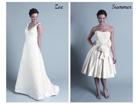 White lace wedding dress with a-line skirt; short off-white wedding dress with lace corset, large bo