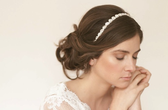 Simple wedding updo with rhinestone headband