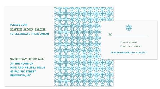 White wedding invitations with blue and aqua pattern