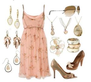 photo of Pink floral dress with brown subtle design; stone and opal jewelry; brown and gold heels