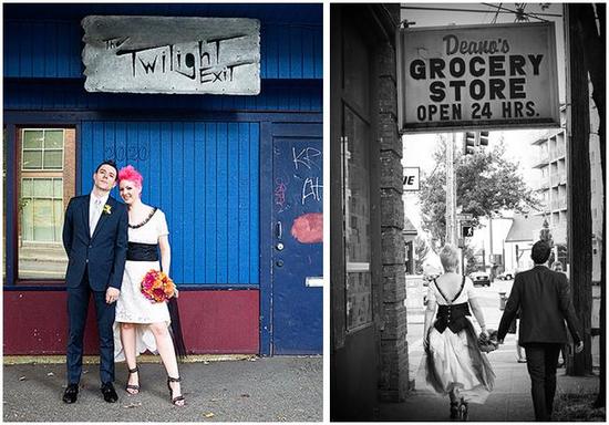 Edgy bride with pink hair, pink bouquet, white knee-length wedding dress with black sash