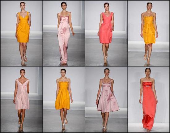 Priscilla of Boston bridal party dresses in tropical colors- coral, deep yellow, clementine, english