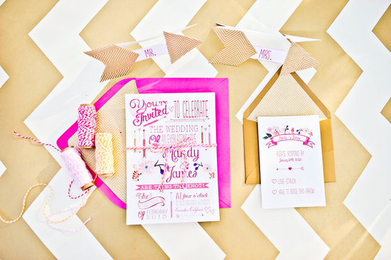 Bright watercolor wedding invitations hot pink gold
