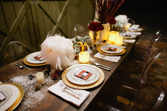 vintage winter wedding decor reception tablescape feather centerpieces