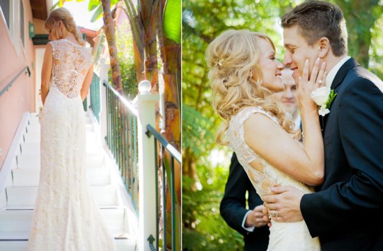 Floral lace back wedding dress destination bride