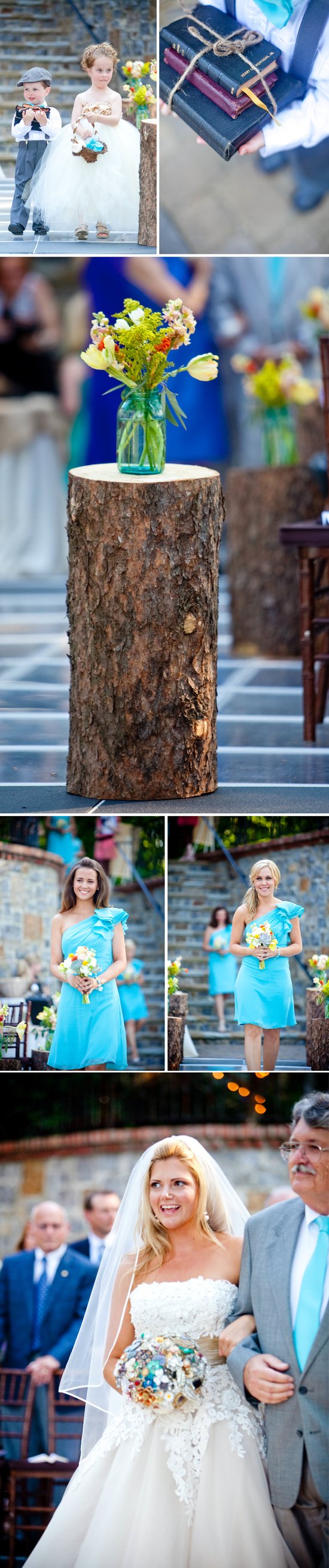 Outdoor southern wedding with turquoise wedding color palette, mason jars wedding centerpieces