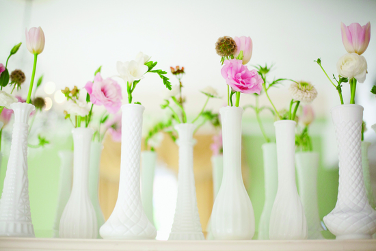 Romantic wedding tablescape single bloom centerpieces