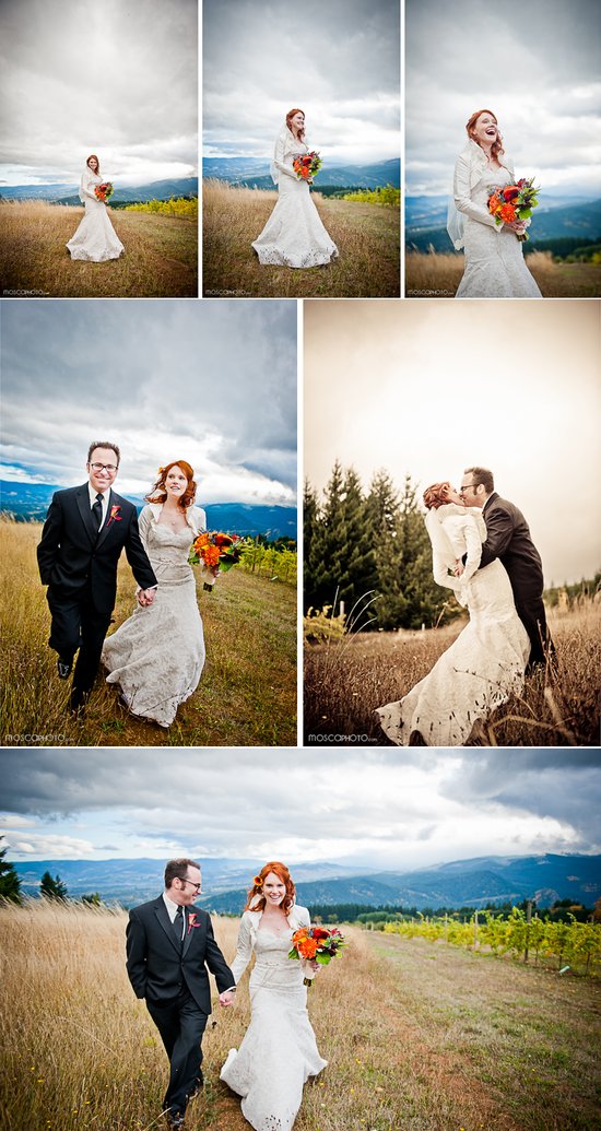 photo of fall real wedding ivory bridal gown bright wedding flowers