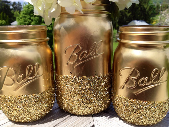 Gilded gold mason jars for wedding centerpiece vases