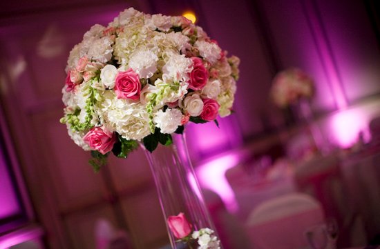 pink white wedding flowers reception centerpiece topiary