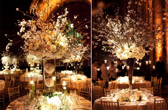 white wedding reception centerpieces dramatic topiaries
