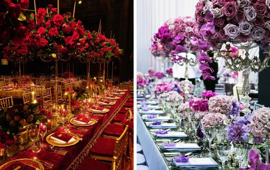 elegant wedding flowers reception table centerpieces high topiaries red purple