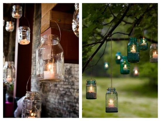 Rustic outdoor wedding decor using mason jars
