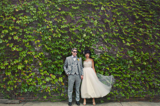 Vintage Chic Bride Wears Tulle Tea Length Wedding Dress Banged Updo