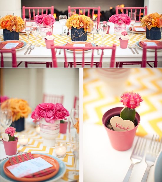 Outdoor wedding reception with retro decor and colorful wedding flowers