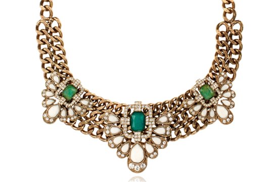 gold wedding necklace with emerald and ivory stones