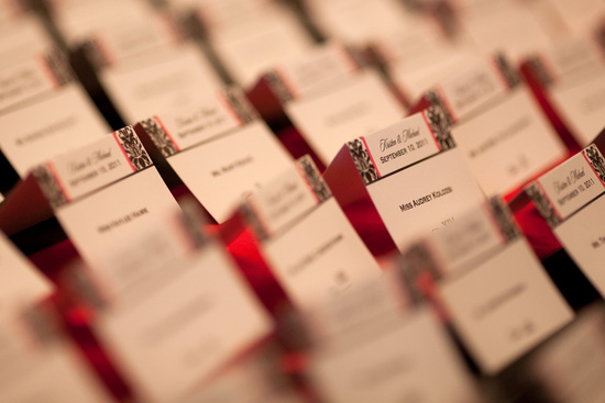 photo of Black and Pink Damask Escort Cards
