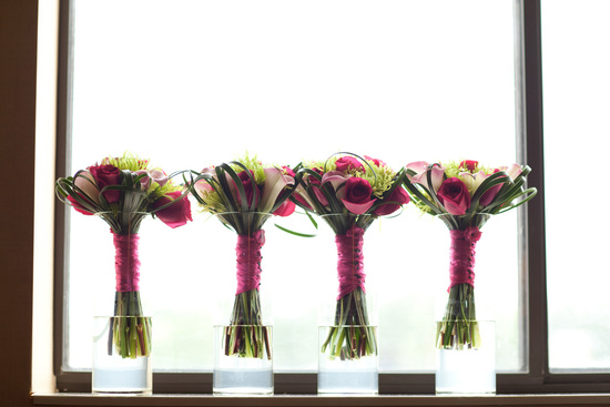 photo of Pink and Green wedding bouquet of roses, calla lilies and spider chrysanthemums