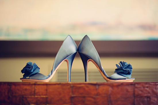 photo of Blue satin open-toe wedding shoes