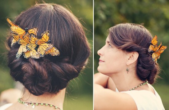 twisted wedding updo with butterfly accents
