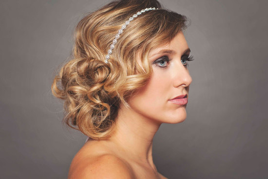 retro waves loose wedding updo with crystal headband
